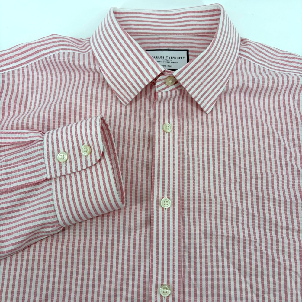 Charles Tyrwhitt Mens Slim Fit Non-Iron Shirt 17.5/36 Red White Stripe Cotton